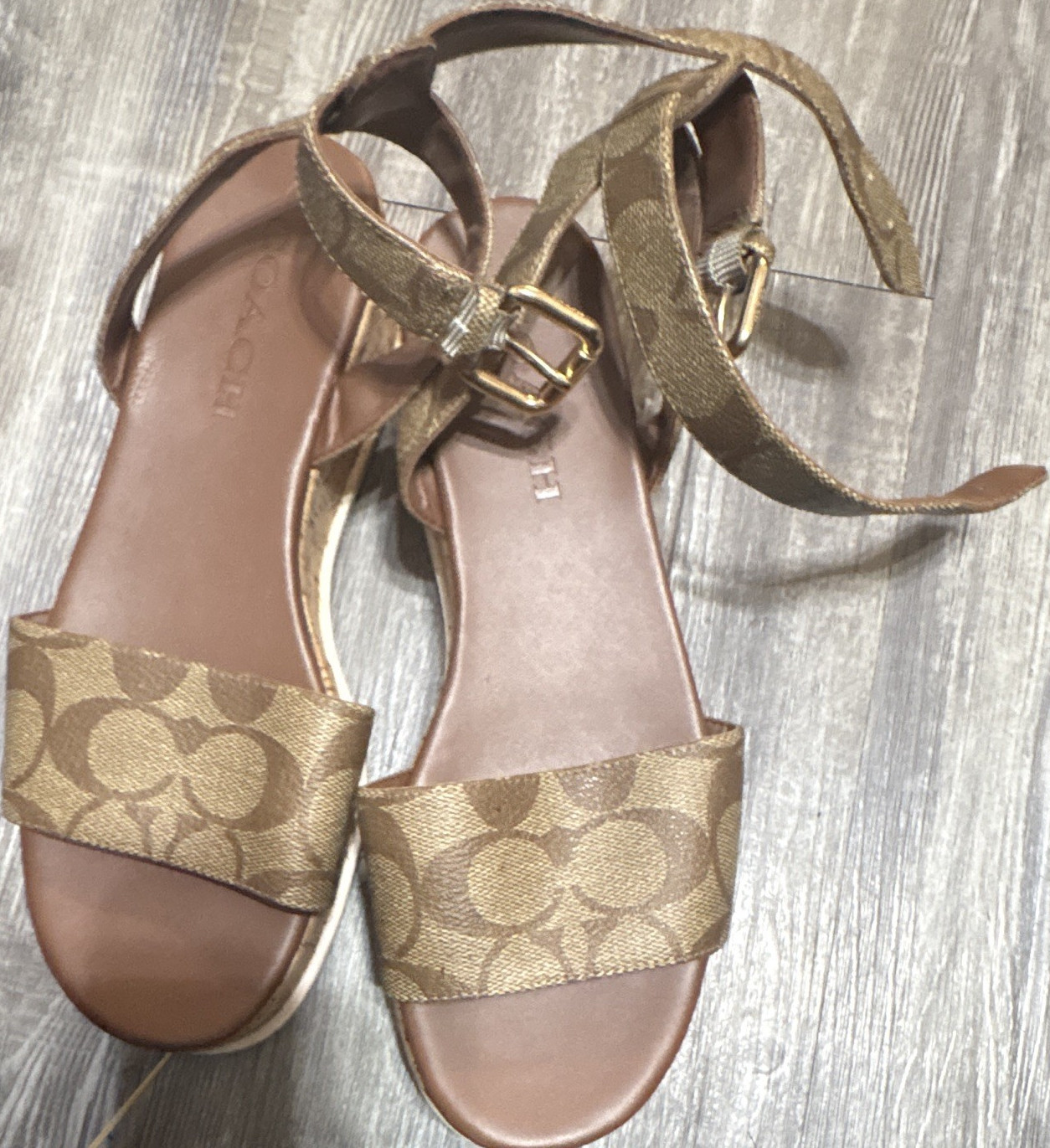 Coach Signature Logo Strappy Wedge Sandals Ankle Strap Buckle Brown 6.5