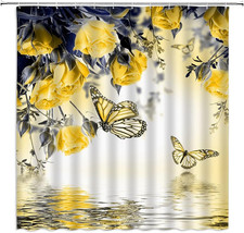 Yellow Rose Floral Butterfly Shower Curtain for Bathroom, 70X70 Inch