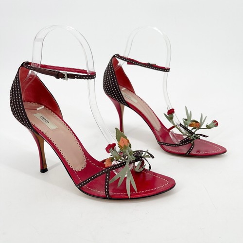 Prada Vintage Red Brown Floral Bouquet Bow Detail Ankle Strap Sandal Heel IT 38 - Picture 3 of 11