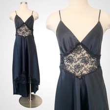 90s Victoria  s Secret Black Silky Satin Lace Hi Lo Vintage Maxi Gown Slip Dress