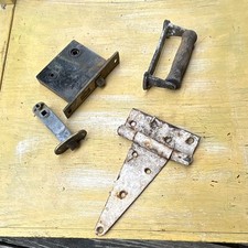 Vintage Metal Cabinet Lock Hardware Lot: Latch Body, Strike Plates, Handle Pull