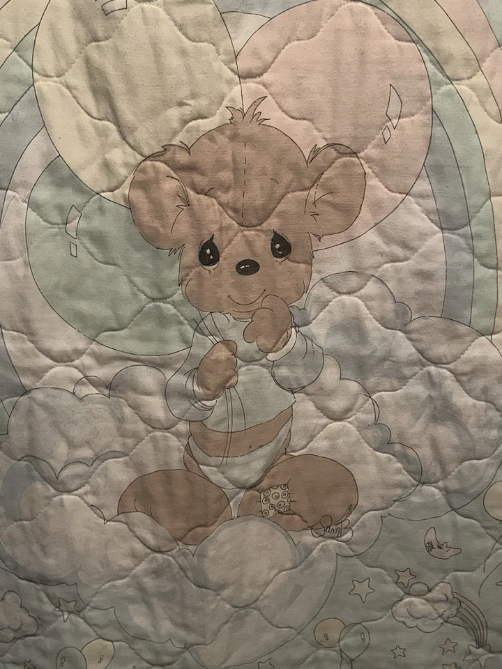 Precious Moments Baby Crib Blanket Baby Bear Rainbows Clouds Balloons Stars Vtg - Image 2 of 4