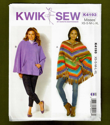 Pullover Ponchos Sewing Pattern~Lace Up & Hooded Style (XS-XL) Kwik Sew 4193