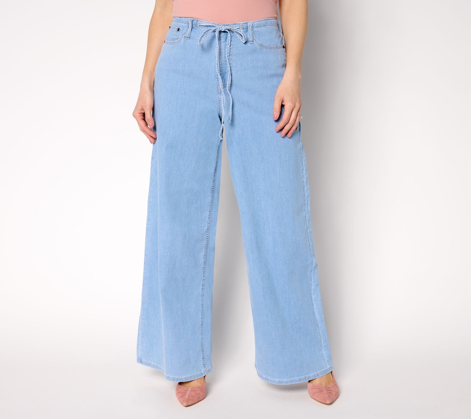 Peace Love World Women's Petite Pants 22P Tie-Waist Wide Leg Denim Blue A693602