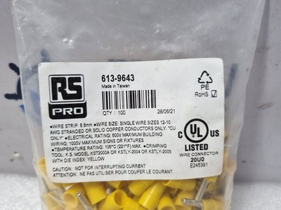 RS PRO 613-9643 Crimp Pin Connector Yellow One Pack 100PCS