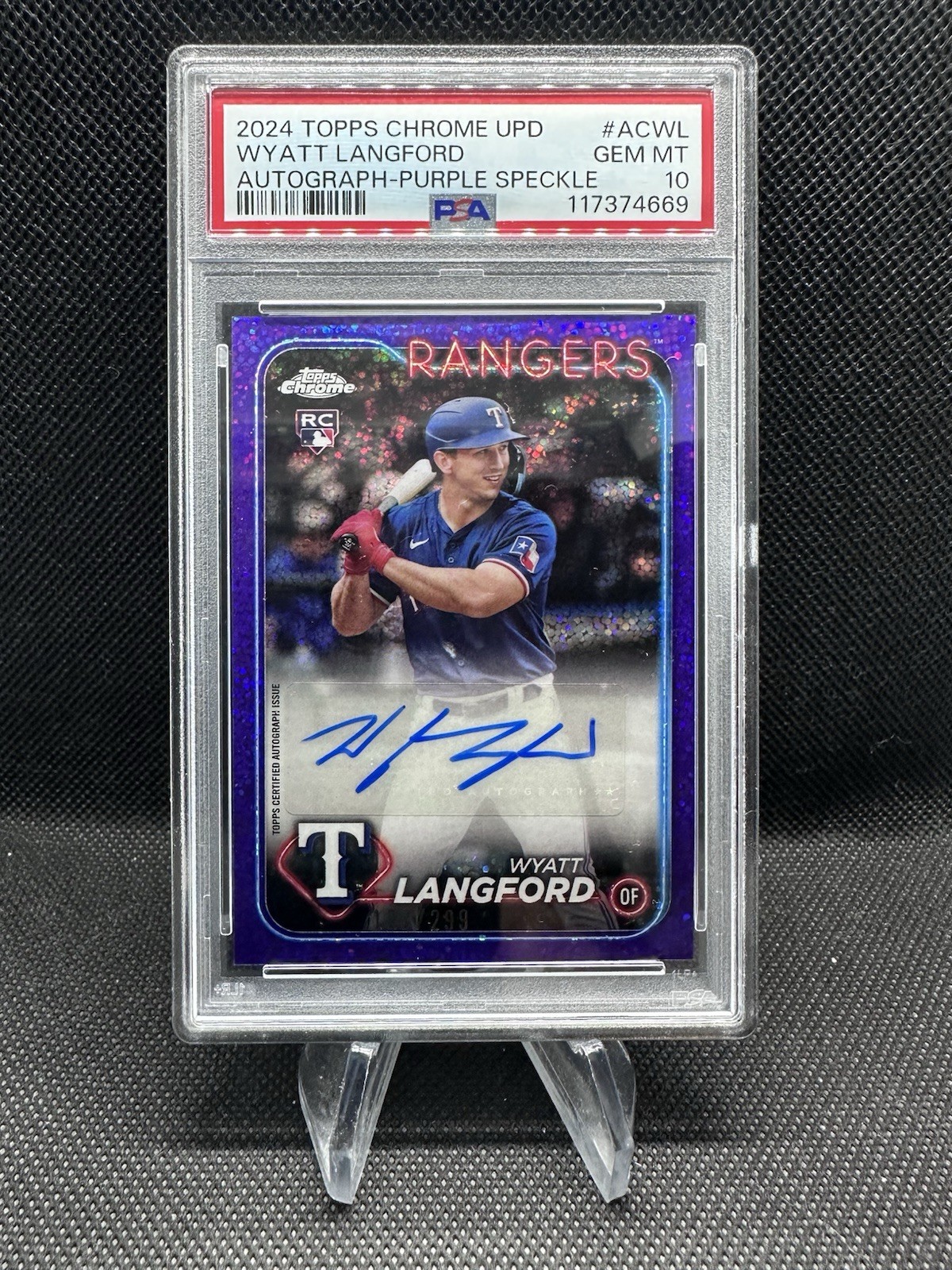 Wyatt Langford RC 2024 Topps Chrome Update Purple Speckle Auto /299 PSA 10