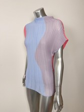 Issey Miyake Pleats Please Top Shirt Womens 2 Mock Neck Pastel Colorblock