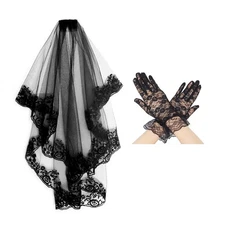 Black Lace Veil Black Lace Short Gloves Halloween Veil with Comb and Gloves B...