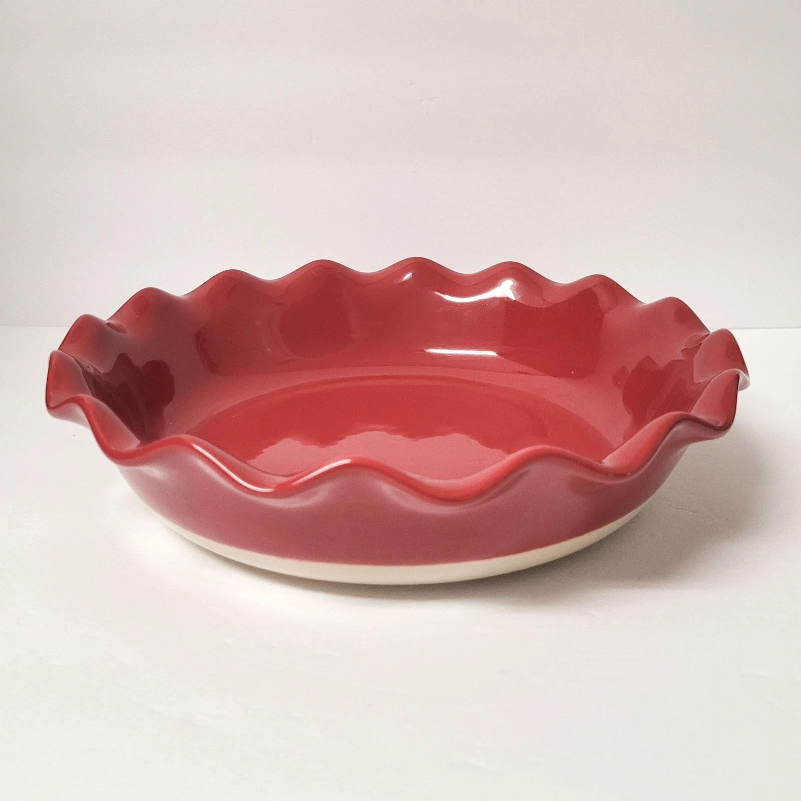 Emile Henry France Dark Red Burgundy Pie Plate Baking Dish Ruffled Edges 10 1/4"