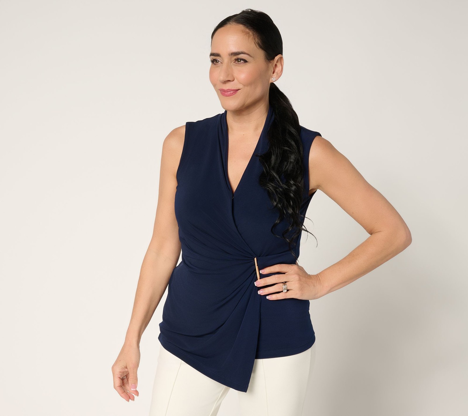 Susan Graver Women's Top Sz L Liquid Knit Draped Faux Wrap Hardware Blue A692155