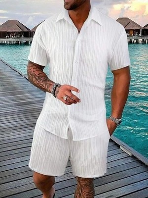 2026 Men 2 Set Short Sleeve Button Shirt Shorts Suit Tops+Shorts T Shirts Casual