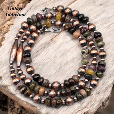 21.5'' Multi Tourmaline Copper Navajo Pearl Necklace Southwest Native Squash Pawn