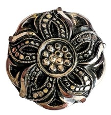 Large Vintage BGE Originals Lacy Black Glass Button Silver Luster Star Flower
