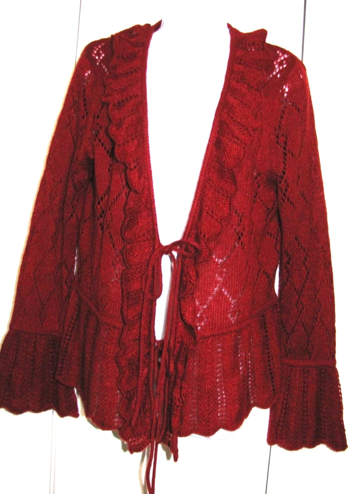 VTG White Stag Red Tie Front Ruffled Cardigan Sweater Long-Sleeve Bell-cuff Wm.L - Image 2 of 4