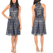 NWOT Halston Heritage Scarf Neck Short Dress Saphire Blue Gold Diamond Scarf Nec