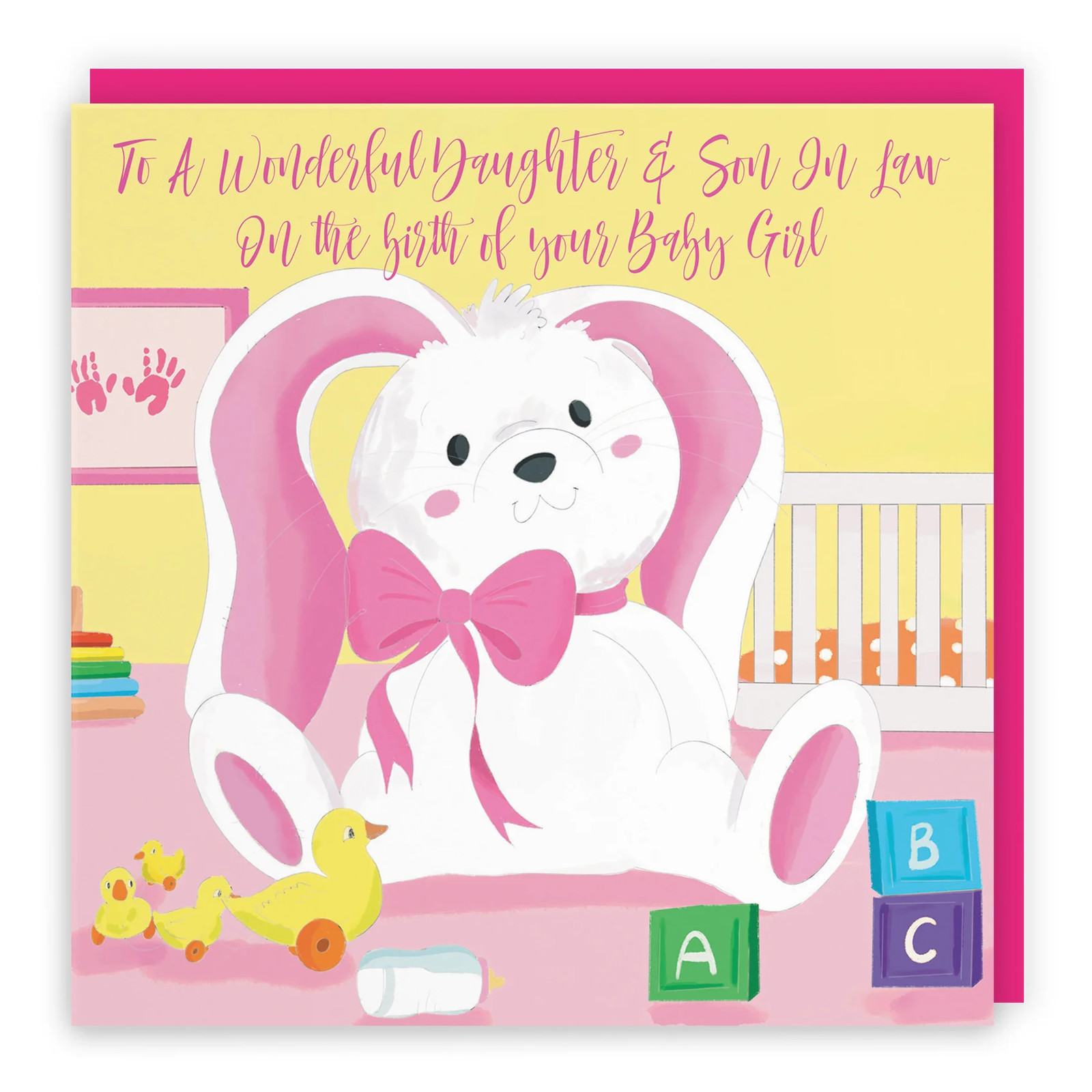 Daughter And Son In Law New Baby Girl Congratulations Card Pink Rabbit Classic