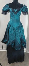 VTG 80s Alfred Angelo Teal Taffeta Black Lace Prom Dress Drop Waist Gown S 9