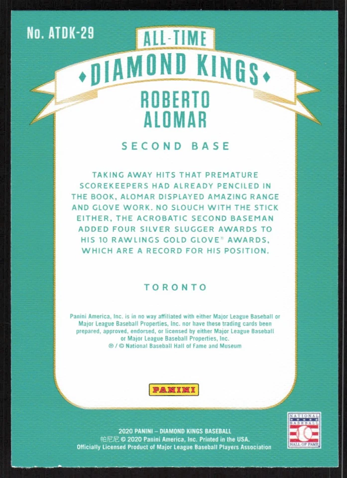 2020 Panini Diamond Kings All-Time DK Roberto Alomar #ATDK-29 - Blue Jays - Image 2 of 2