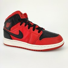 Nike Air Jordan 1 Mid Youth Size 5Y Sneakers Leather Red Black 554725-660