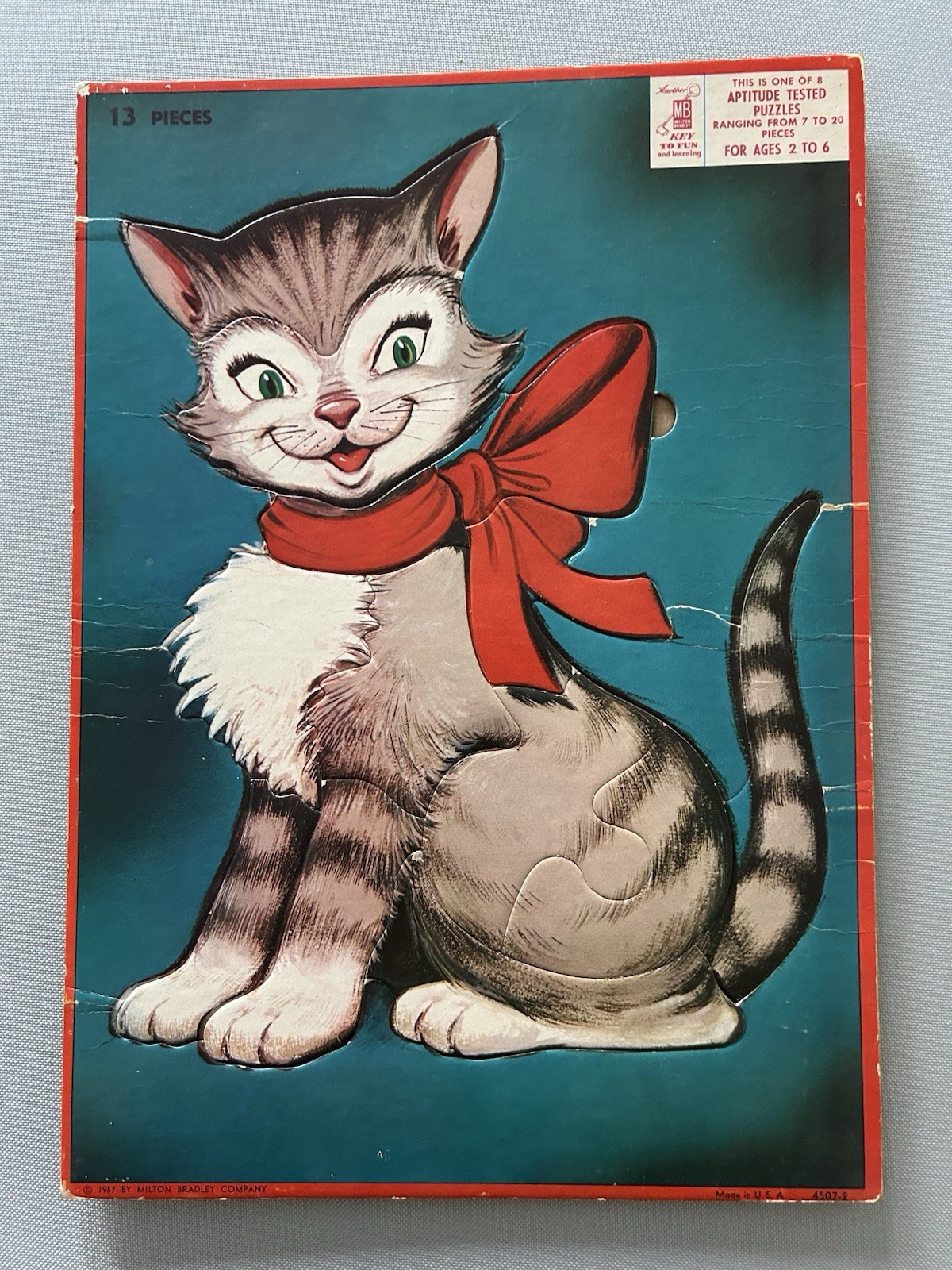 Vintage 1957 Cat with Bow Tray Puzzle Milton Bradley 4507-2 14.25