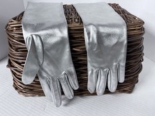 Women's shiny Silver nylon elbow length gloves Made in France 20"