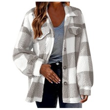 Womens Casual Shirt Top Ladies Check Fleece Jacket Oversized Shacket Coats 6-22
