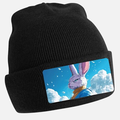 Black Cool Rabbit Print Beanie Hat - Unisex Cap, Cotton