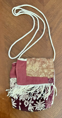 Shabby Patchwork Crossbody Boho 6x8'' Bag Fringe Cloth Rose Mauve Hipster