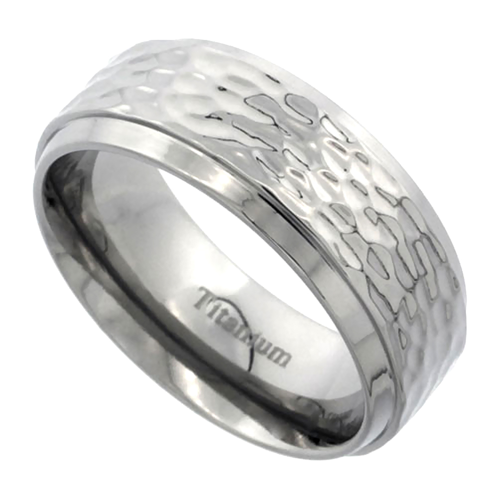 8mm Titanium Wedding Band Ring Polish Hammered Finish, Beveled Edges Comfort Fit