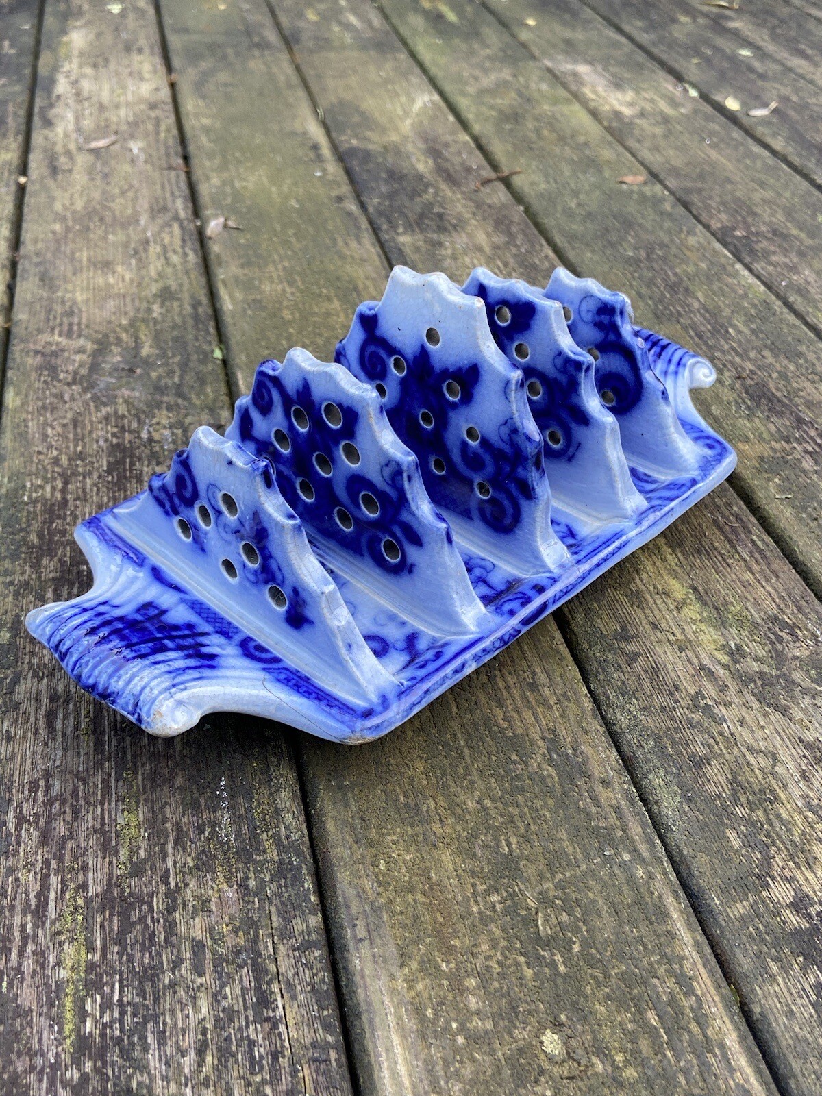 Antique Flow Blue Pottery Toast Rack Blue & White 19th Century