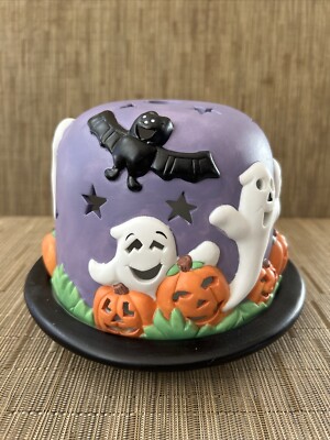 Halloween Candle Holder Black Cat Ghost Tealight Votive Porcelain 5.5 h 6.5 d