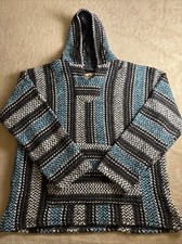 BAJA JOE Hoodie Mens Medium Blue Striped Hooded Pullover Southwestern Surf Knit