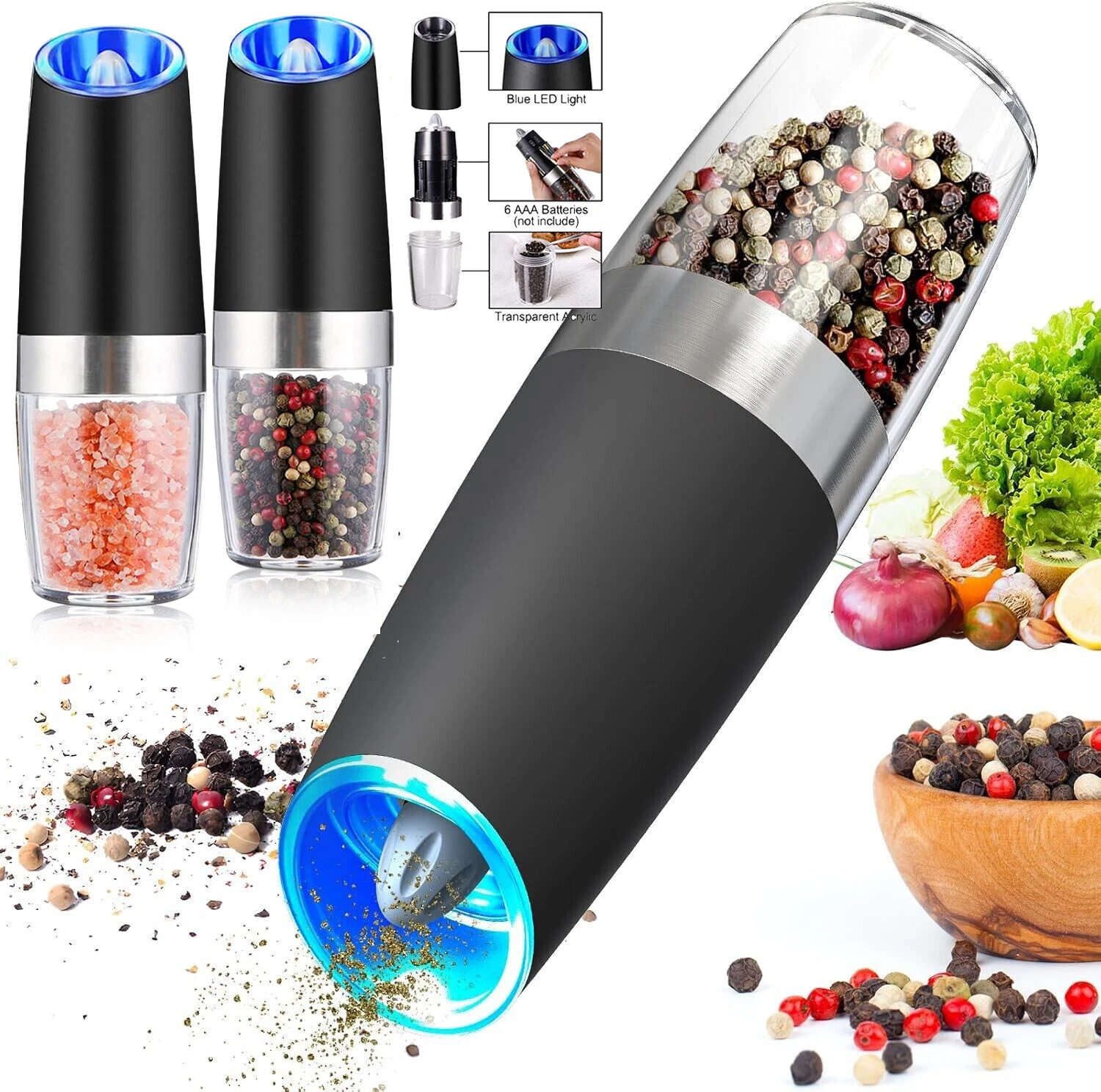 2Pack Gravity Electric Salt and Pepper Grinder Set Salt & Pepper Grinder Battery