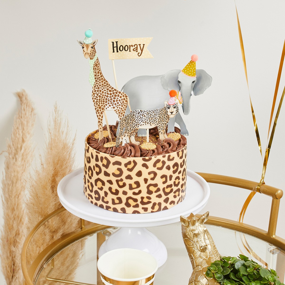 7 pezzi Set di decorazioni per torta di compleanno a tema animali della giungla, decorazioni per cupcake e supporto per torta con giraffa, leone, decorazioni per feste a tema animali della giungla