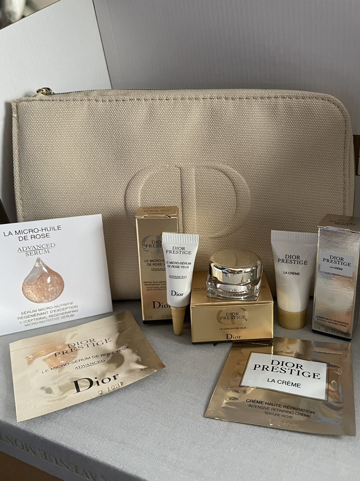 DIOR PRESTIGE Skincare Set 8 Pc Mini Essentials + Authentic DIOR Logo Pouch NEW