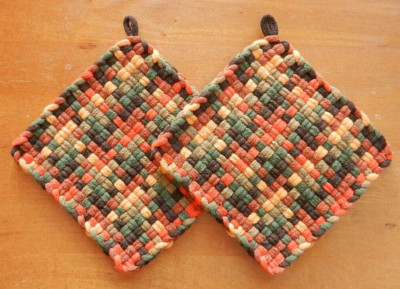 Set of 2 Handmade Artisan Woven Loomed Harvest Feast Potholders Hot Pads Trivets