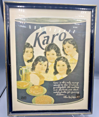 Vintage 1938 Dionne Quintuplets Canada Karo Syrup Ad Old Frame with plexiglass