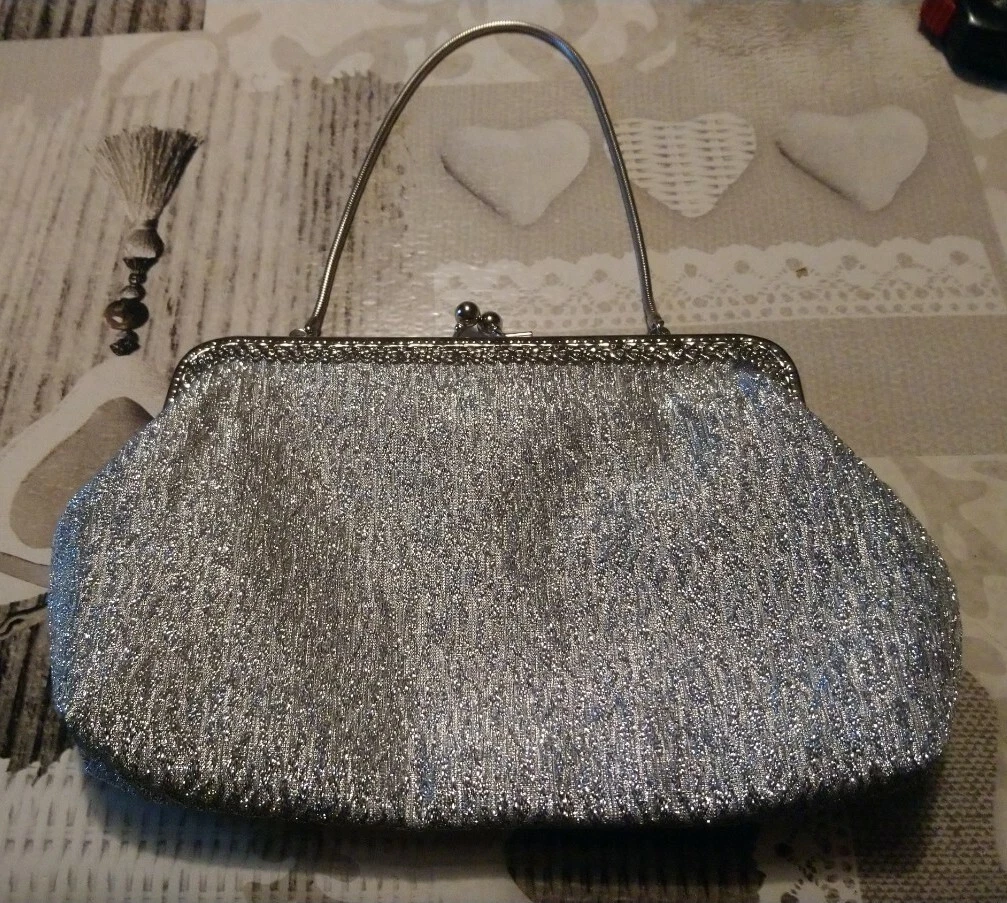 Pochette De Bal Argentée Vintage - Sac De Soirée Avec Miroir Intérieur, 24x10x1 Cm