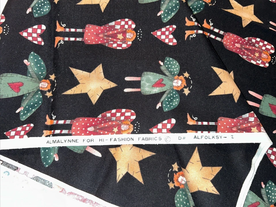 Vintage Folk Art Christmas Angels Fabric Alfolksy-2 AlmaLynn Hi-Fashion 1 Yard - Image 2 of 4
