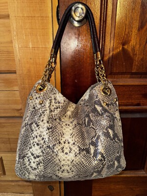 Cynthia Rowley tan/grey Leather Snakeskin print Hobo Shoulder bag, large slouch
