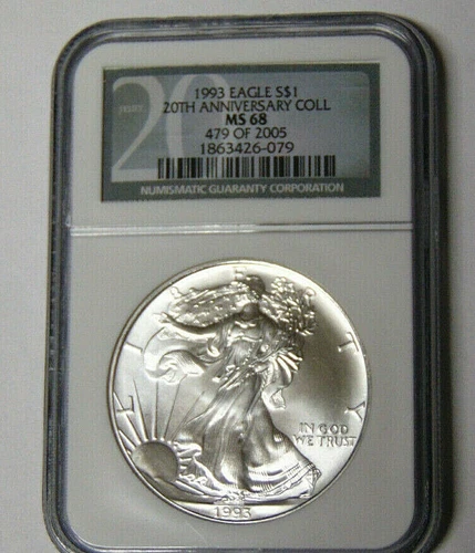 NGC MS68 1993 American Silver Eagle 1 oz .999 Silver Dollar 20th Anniversary