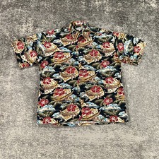 Vintage Pierre Cardin Hawaiian Shirt Mens Large Black Outrigger Floral Print 90s
