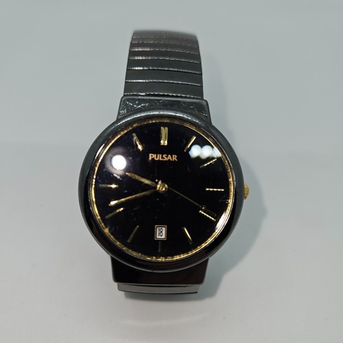 Pulsar Watch Men 35mm Black Gold Tone Date VX32-X241 Stretch Band PARTS ONLY