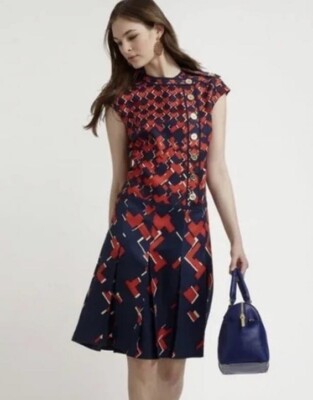 Tory Burch Truman Silk Pleated Dress Vintage Modern Red Navy