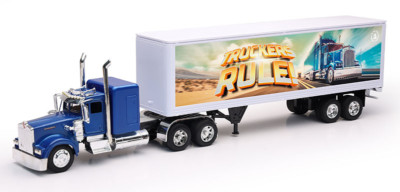 New Ray 1/32 Kenworth W900 Semi & TRUCKERS RULE! Trailer Diecast Blue SS-12383