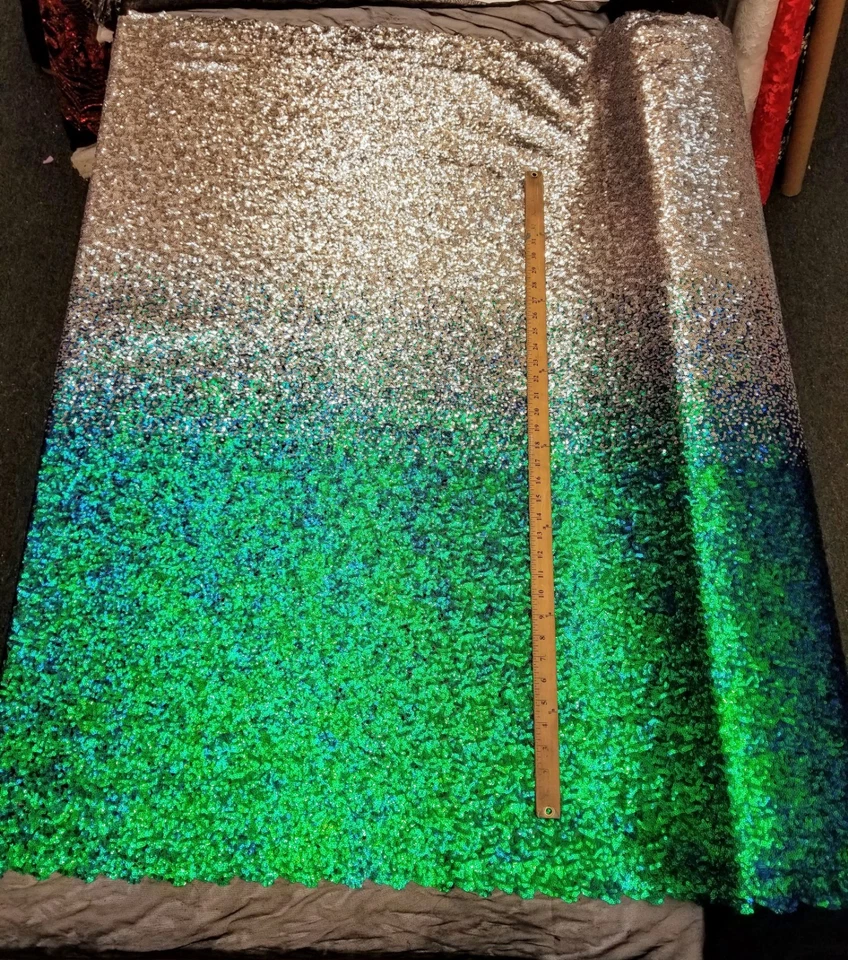 Iridescent Pearl Green to Silver Nylon 2 WAY Stretch Mesh OMBRE Sequin Fabric - Image 2 of 4