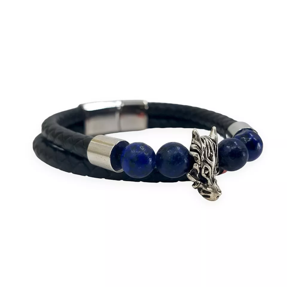 Men's Silvertone Dragon Lapis Beaded 2 Row Black Genuine Leather Bracelet 8 Inch - Image 3 of 4