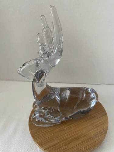 Vintage Hand made in Taiwan Clear Crystal Sitting Deer with Antlers Paperweight
