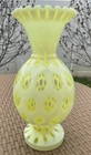 Vintage Fenton Topaz Vaseline Opalescent Coin Dot Large 10 Inch Vase. Pristine.
