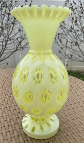 Vintage Fenton Topaz Vaseline Opalescent Coin Dot Large 10 Inch Vase. Pristine.